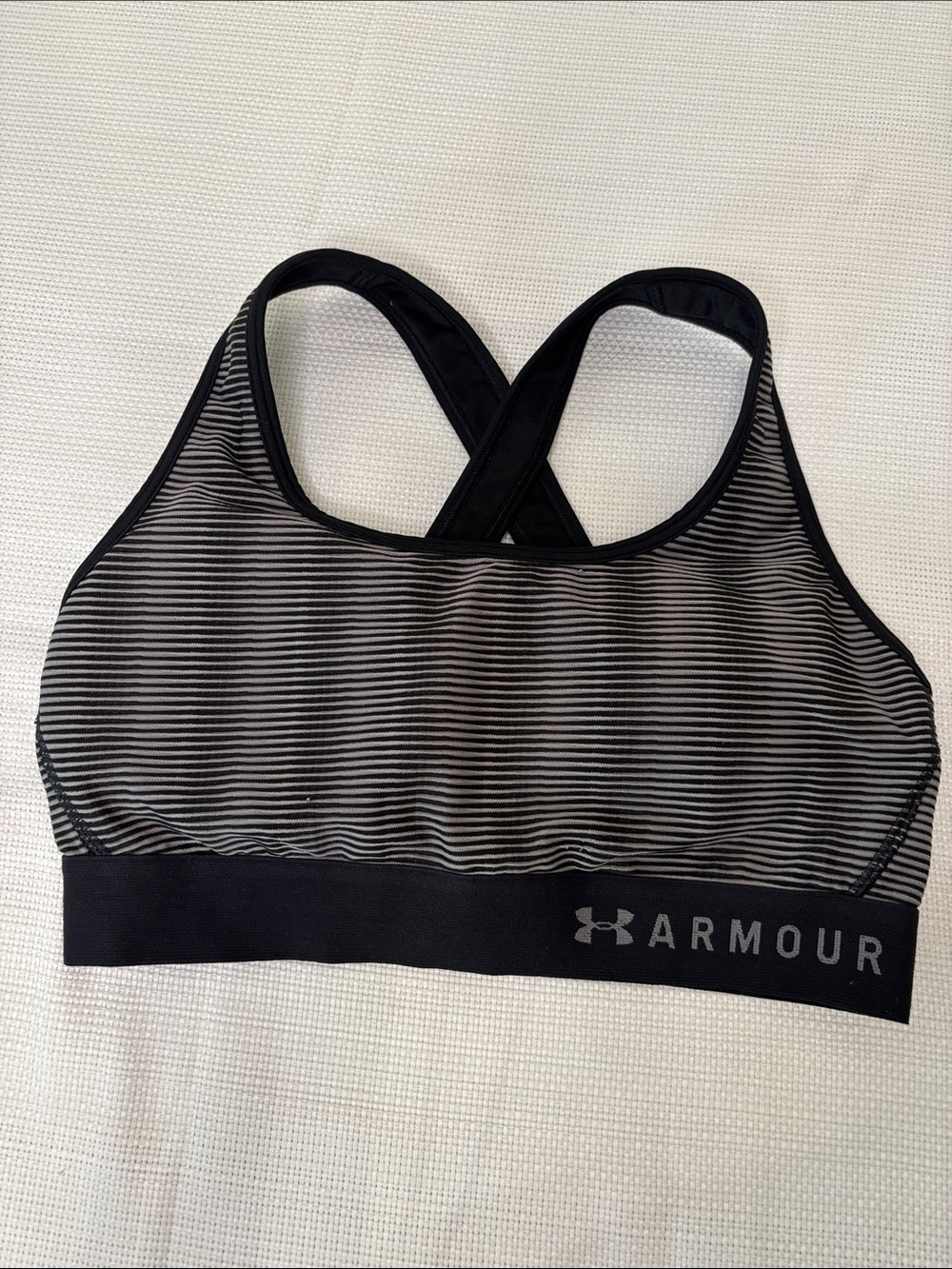 Under Armour Black and Gray Striped Cross-Back Sports Bra